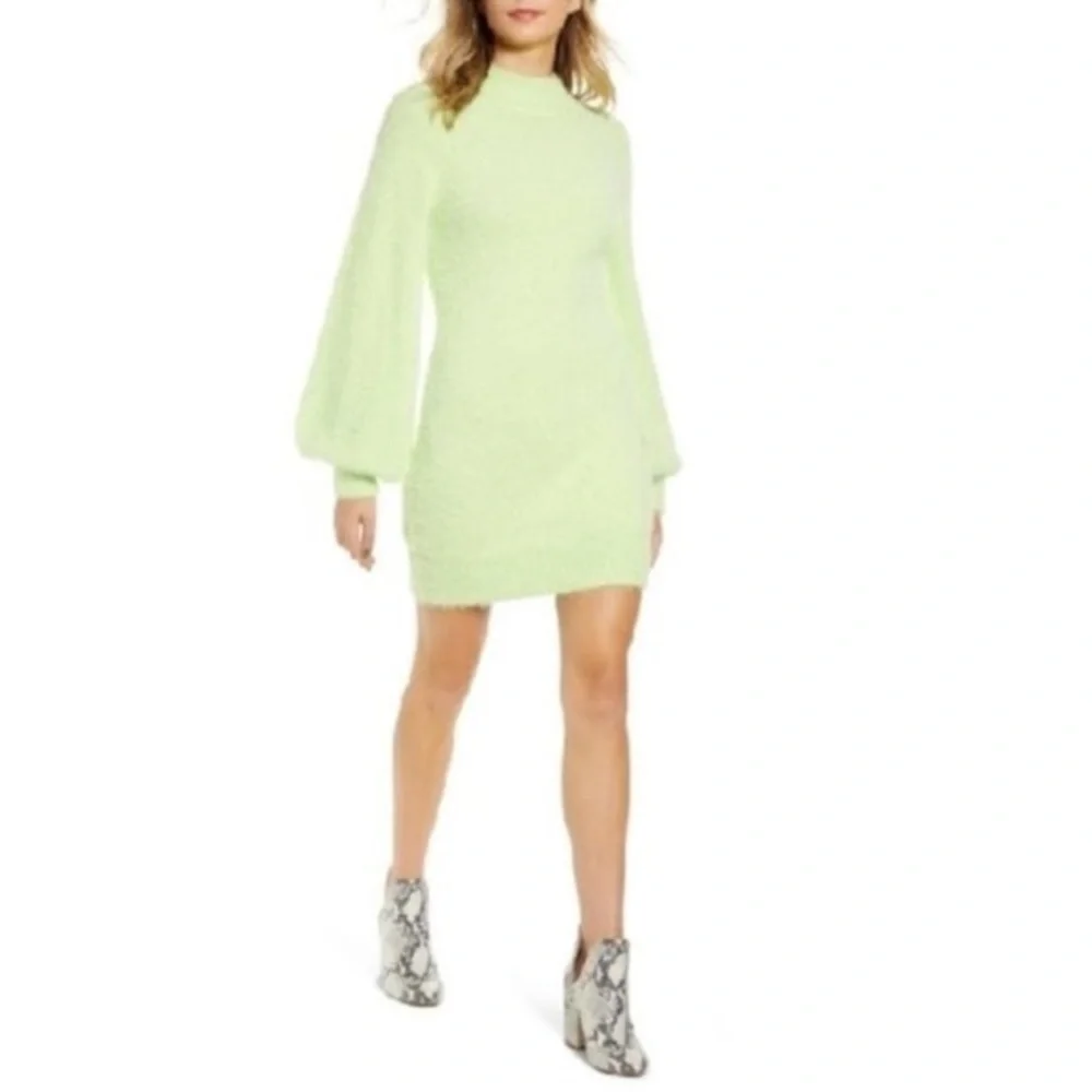 Bardot Knit Sweater Dress XL Fuzzy Lime Green Balloon Sleeve Bodycon Mini Cozy